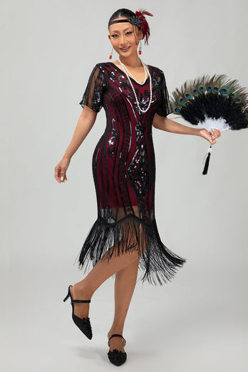 Glitter Burgunderrot Pailletten Kurze Ärmel Flapper Kleid mit Gesäumt