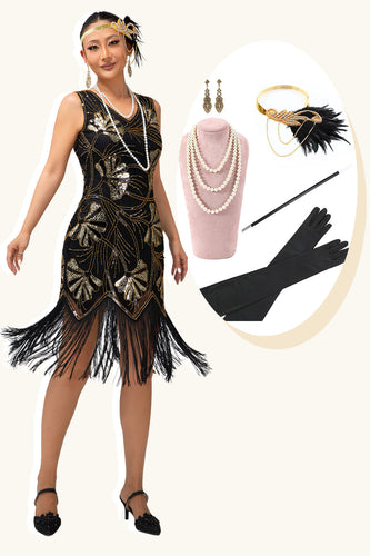 Glitter Schwarz Golden Pailletten Gesäumt Kurze Flapper Kleid mit 1920er Zubehörset