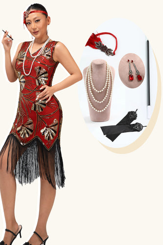 Glitter Rot Golden Pailletten Gesäumt Flapper Kleid mit 1920er Zubehörset