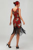 Laden Sie das Bild in den Galerie-Viewer, Glitter Rot Golden Pailletten Gesäumt Flapper Kleid mit 1920er Zubehörset