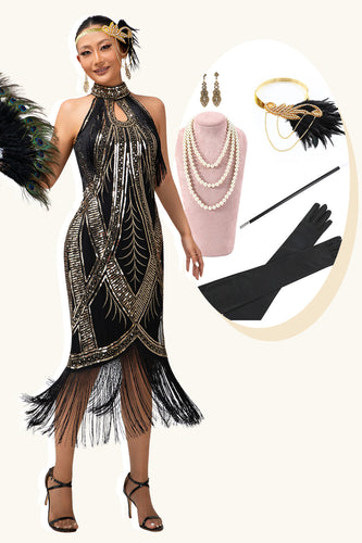 Glitter Schwarz Golden Halter Bodycon Pailletten Flapper Kleid mit 1920er Zubehörset