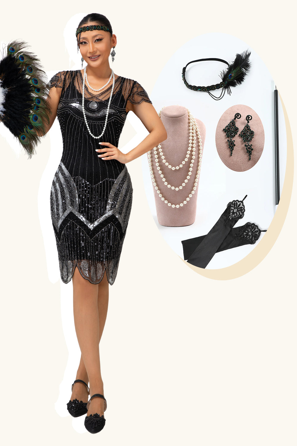Glitter Schwarz Silber Perlen Bodycon Flapper Kleid mit 1920er Zubehörset