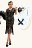 Laden Sie das Bild in den Galerie-Viewer, Glitter Schwarz Golden Gesäumt Rundhalsausschnitt Flapper Kleid mit 1920er Zubehörset