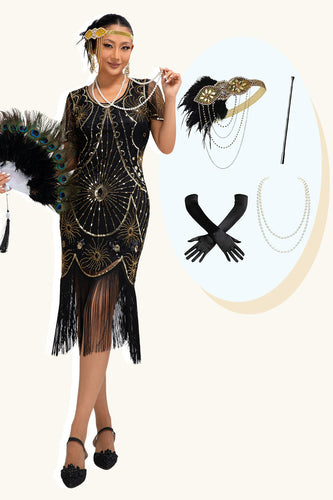 Glitter Schwarz Golden Gesäumt Rundhalsausschnitt Flapper Kleid mit 1920er Zubehörset