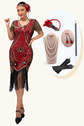Glitter Schwarz Rot Gesäumt Kurze Ärmel Flapper Kleid mit 1920er Zubehörset