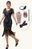 Laden Sie das Bild in den Galerie-Viewer, Glitter Schwarz Silber Pailletten Kurze Ärmel Flapper Kleid mit 1920er Zubehörset