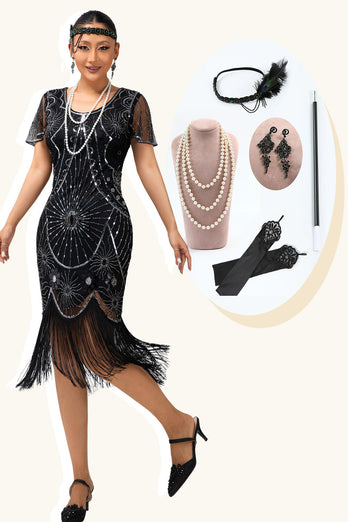Glitter Schwarz Silber Pailletten Kurze Ärmel Flapper Kleid mit 1920er Zubehörset