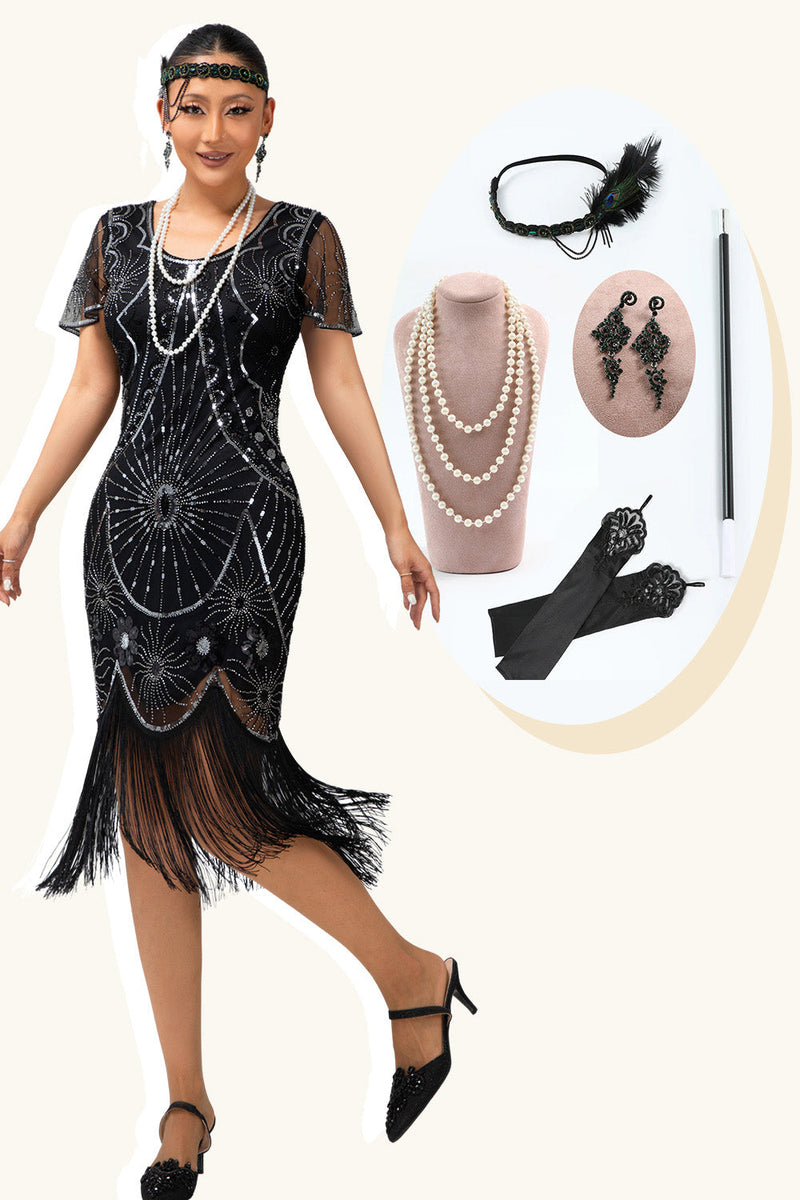 Laden Sie das Bild in den Galerie-Viewer, Glitter Schwarz Silber Pailletten Kurze Ärmel Flapper Kleid mit 1920er Zubehörset