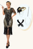 Laden Sie das Bild in den Galerie-Viewer, Glitter Schwarz Golden V-Ausschnitt Gesäumt Pailletten Flapper Kleid mit 1920er Zubehörset