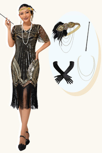 Glitter Schwarz Golden V-Ausschnitt Gesäumt Pailletten Flapper Kleid mit 1920er Zubehörset