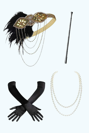 Glitter Schwarz Golden V-Ausschnitt Gesäumt Pailletten Flapper Kleid mit 1920er Zubehörset