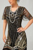 Laden Sie das Bild in den Galerie-Viewer, Glitter Schwarz Golden V-Ausschnitt Gesäumt Pailletten Flapper Kleid mit 1920er Zubehörset
