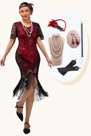 Glitter Schwarz Rot Gesäumt Bodycon Kurze Flapper Kleid mit 1920er Zubehörset