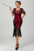 Laden Sie das Bild in den Galerie-Viewer, Glitter Schwarz Rot Gesäumt Bodycon Kurze Flapper Kleid mit 1920er Zubehörset