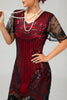 Laden Sie das Bild in den Galerie-Viewer, Glitter Schwarz Rot Gesäumt Bodycon Kurze Flapper Kleid mit 1920er Zubehörset