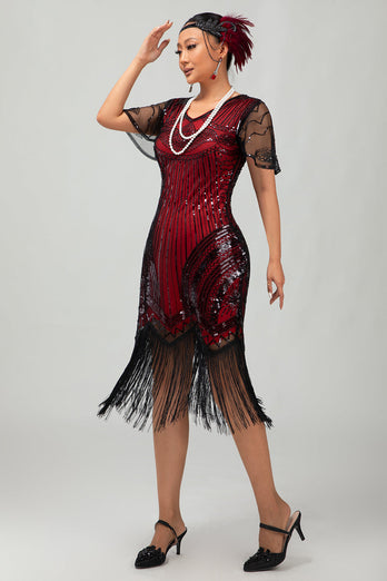 Glitter Schwarz Rot Gesäumt Bodycon Kurze Flapper Kleid mit 1920er Zubehörset