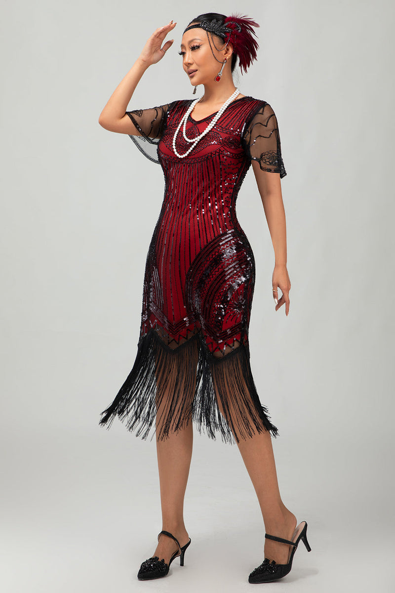 Laden Sie das Bild in den Galerie-Viewer, Glitter Schwarz Rot Gesäumt Bodycon Kurze Flapper Kleid mit 1920er Zubehörset