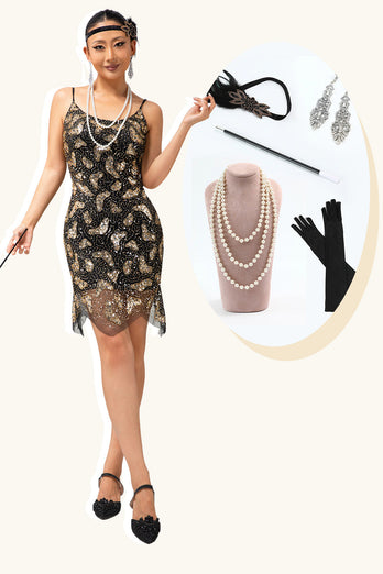 Glitter Schwarz Golden Spaghettiträger Kurze Flapper Kleid mit 1920er Zubehörset