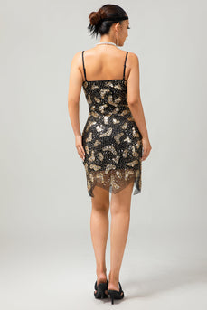 Glitter Schwarz Golden Spaghettiträger Kurze Flapper Kleid mit 1920er Zubehörset