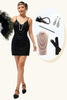 Laden Sie das Bild in den Galerie-Viewer, Glitter Schwarz Pailletten Eng Kurze Flapper Kleid mit 1920er Zubehörset