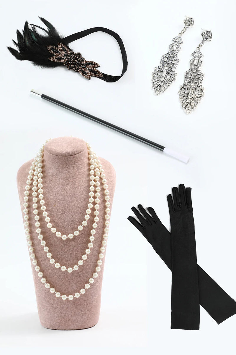 Laden Sie das Bild in den Galerie-Viewer, Glitter Schwarz Pailletten Eng Kurze Flapper Kleid mit 1920er Zubehörset