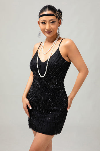 Glitter Schwarz Pailletten Eng Kurze Flapper Kleid mit 1920er Zubehörset