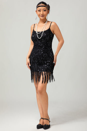 Glitter Schwarz Eng Gesäumt Pailletten Kurze Flapper Kleid mit 1920er Zubehörset