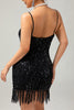 Laden Sie das Bild in den Galerie-Viewer, Glitter Schwarz Eng Gesäumt Pailletten Kurze Flapper Kleid mit 1920er Zubehörset