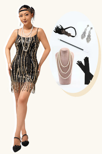 Glitter Schwarz Golden Spaghettiträger Pailletten Eng Flapper Kleid mit 1920er Zubehörset