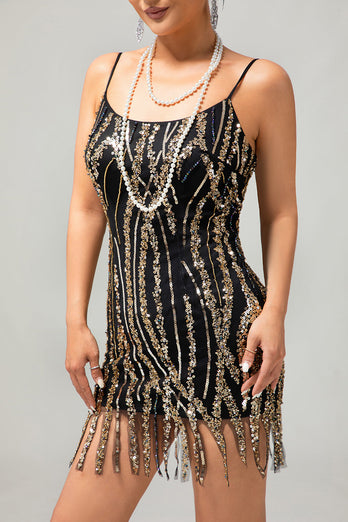 Glitter Schwarz Golden Spaghettiträger Pailletten Eng Flapper Kleid mit 1920er Zubehörset