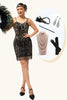Laden Sie das Bild in den Galerie-Viewer, Glitter Schwarz Golden Eng Pailletten Spaghetti Straps Flapper Kleid mit 1920er Zubehörset