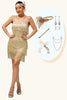 Laden Sie das Bild in den Galerie-Viewer, Glitter Golden Gesäumt Pailletten Kurze Flapper Kleid mit 1920er Zubehörset
