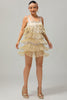 Laden Sie das Bild in den Galerie-Viewer, Glitter Golden Gesäumt Pailletten Kurze Flapper Kleid mit 1920er Zubehörset