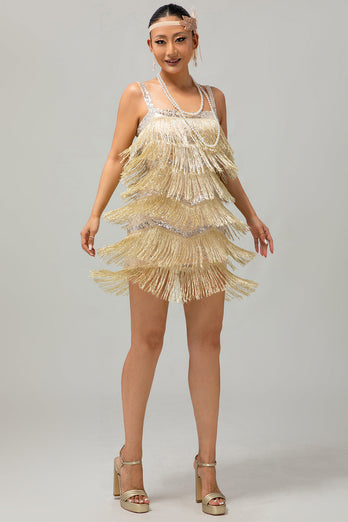 Glitter Golden Gesäumt Pailletten Kurze Flapper Kleid mit 1920er Zubehörset