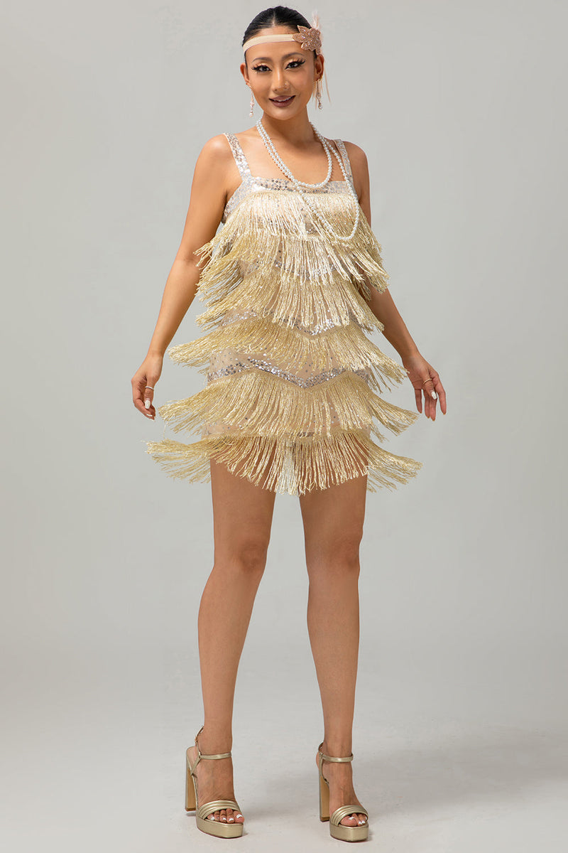 Laden Sie das Bild in den Galerie-Viewer, Glitter Golden Gesäumt Pailletten Kurze Flapper Kleid mit 1920er Zubehörset