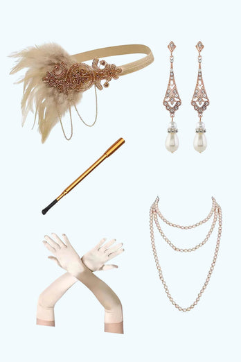 Glitter Golden Gesäumt Pailletten Kurze Flapper Kleid mit 1920er Zubehörset