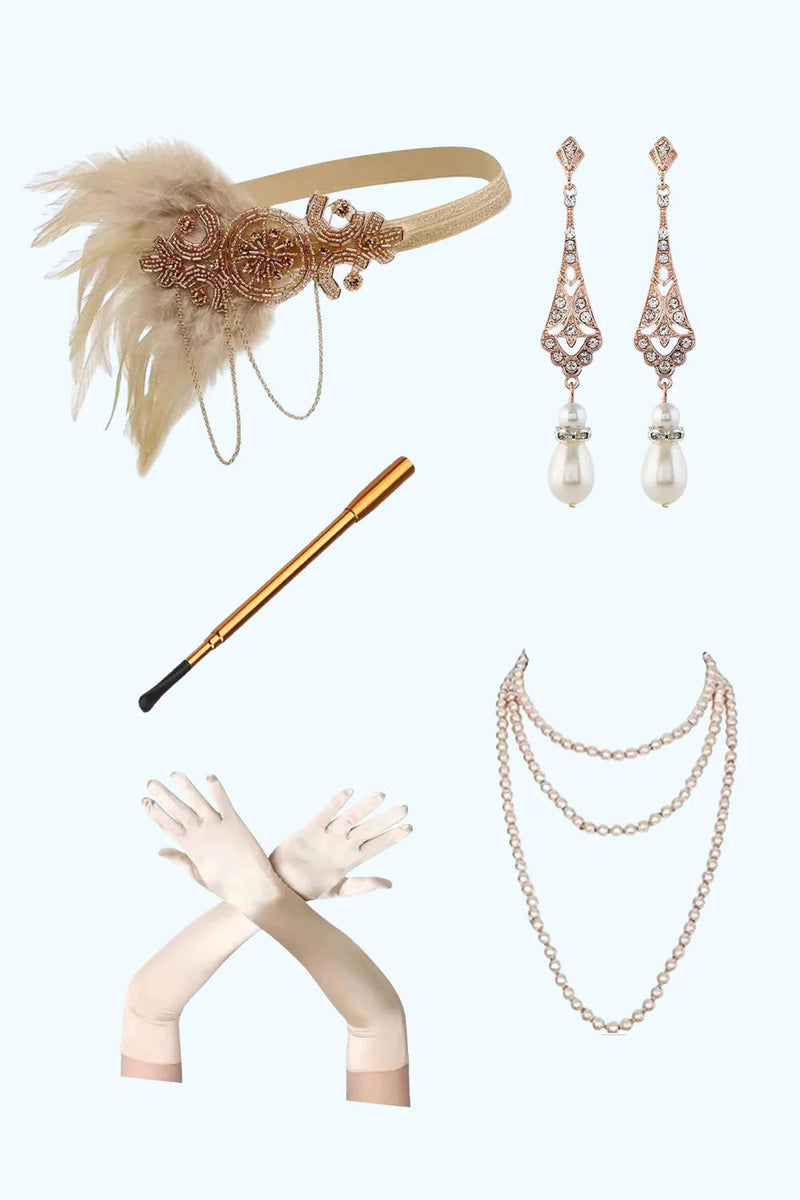 Laden Sie das Bild in den Galerie-Viewer, Glitter Golden Gesäumt Pailletten Kurze Flapper Kleid mit 1920er Zubehörset