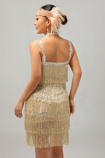 Glitter Golden Gesäumt Pailletten Kurze Flapper Kleid mit 1920er Zubehörset