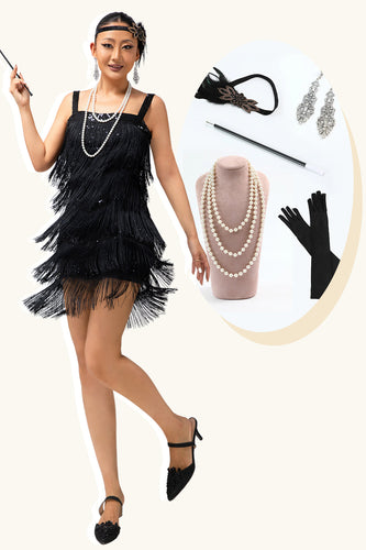 Glitter Schwarz Gesäumt Eng Kurze Flapper Kleid mit 1920er Zubehörset
