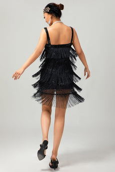 Glitter Schwarz Gesäumt Eng Kurze Flapper Kleid mit 1920er Zubehörset