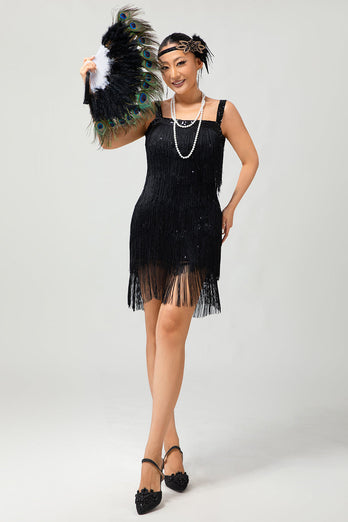 Glitter Schwarz Gesäumt Eng Kurze Flapper Kleid mit 1920er Zubehörset