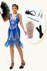 Laden Sie das Bild in den Galerie-Viewer, Glitter Königsblau Pailletten V-Ausschnitt Gesäumt Kurze Flapper Kleid mit 1920er Zubehörset