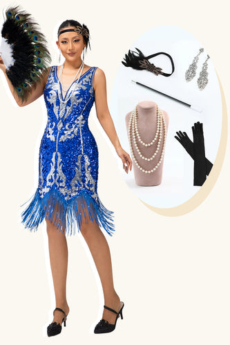 Glitter Königsblau Pailletten V-Ausschnitt Gesäumt Kurze Flapper Kleid mit 1920er Zubehörset