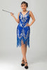 Laden Sie das Bild in den Galerie-Viewer, Glitter Königsblau Pailletten V-Ausschnitt Gesäumt Kurze Flapper Kleid mit 1920er Zubehörset