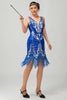 Laden Sie das Bild in den Galerie-Viewer, Glitter Königsblau Pailletten V-Ausschnitt Gesäumt Kurze Flapper Kleid mit 1920er Zubehörset