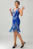 Laden Sie das Bild in den Galerie-Viewer, Glitter Königsblau Pailletten V-Ausschnitt Gesäumt Kurze Flapper Kleid mit 1920er Zubehörset