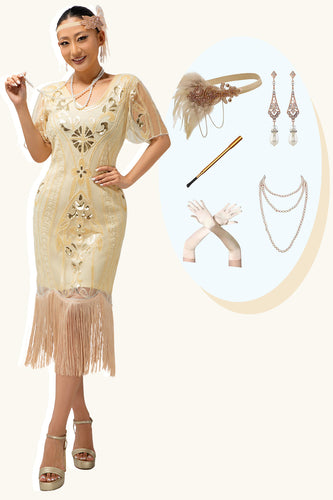 Glitter Apricot Gesäumt Bodycon Flapper Kleid mit 20s Zubehörset