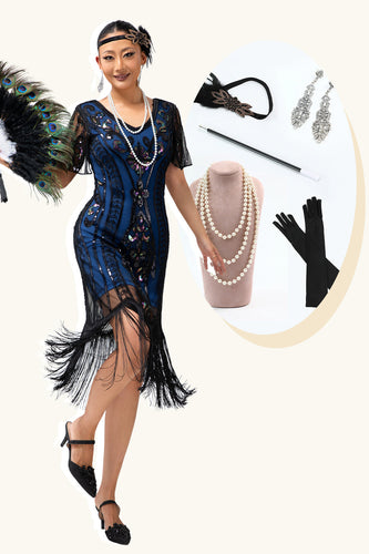 Glitter Schwarz Blau Gesäumt V-Ausschnitt Kurze Ärmel Flapper Kleid mit 20s Zubehörset