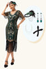 Laden Sie das Bild in den Galerie-Viewer, Glitter Dunkelgrün Etui Gesäumt V-Ausschnitt Flapper Kleid mit 1920er Zubehörset