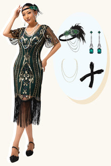 Glitter Dunkelgrün Etui Gesäumt V-Ausschnitt Flapper Kleid mit 1920er Zubehörset